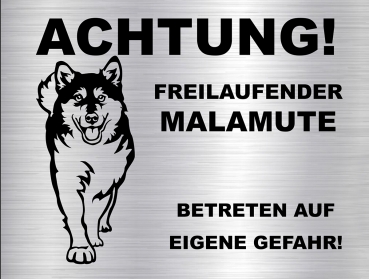 Hundewarnschild in edler, gebürsteter Edelstahloptik - Alaskan Malamute