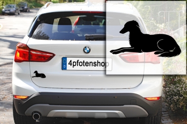 Autoaufkleber Silken Windsprite (Langhaarwhippet) liegend Silhouette